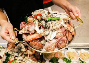 a person cutting food on a plate